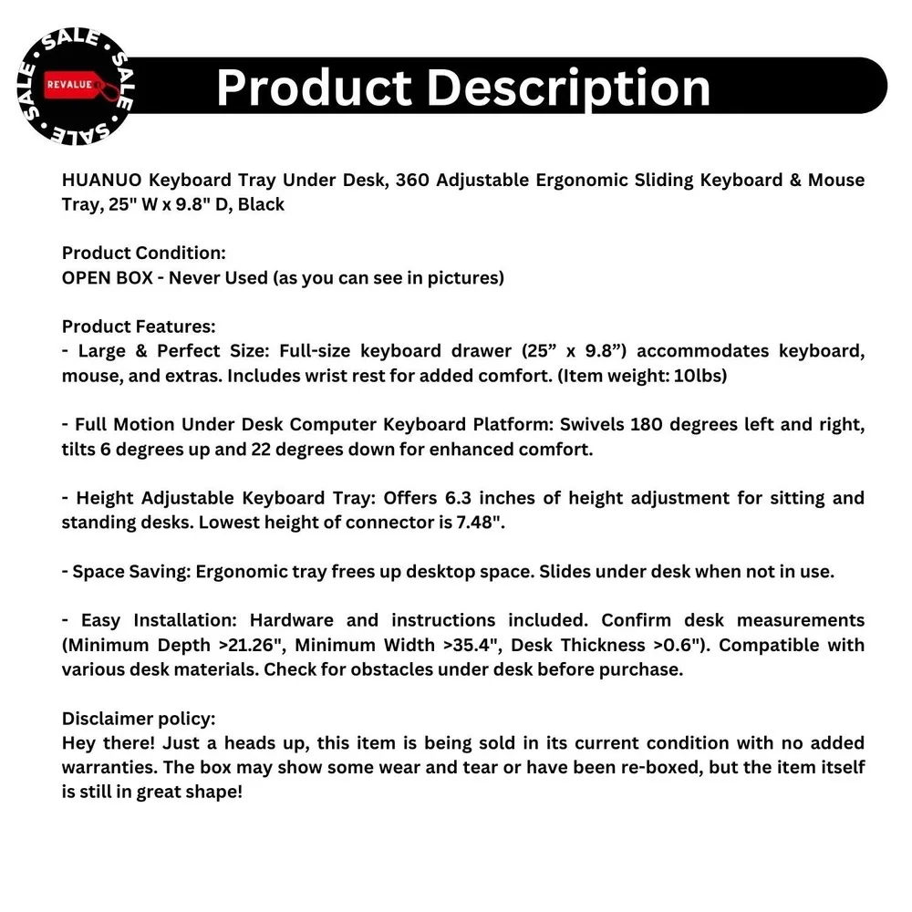 Huanuo Keyboard Tray Under‎ Desk 360 Adjustable Ergonomic Sliding 25